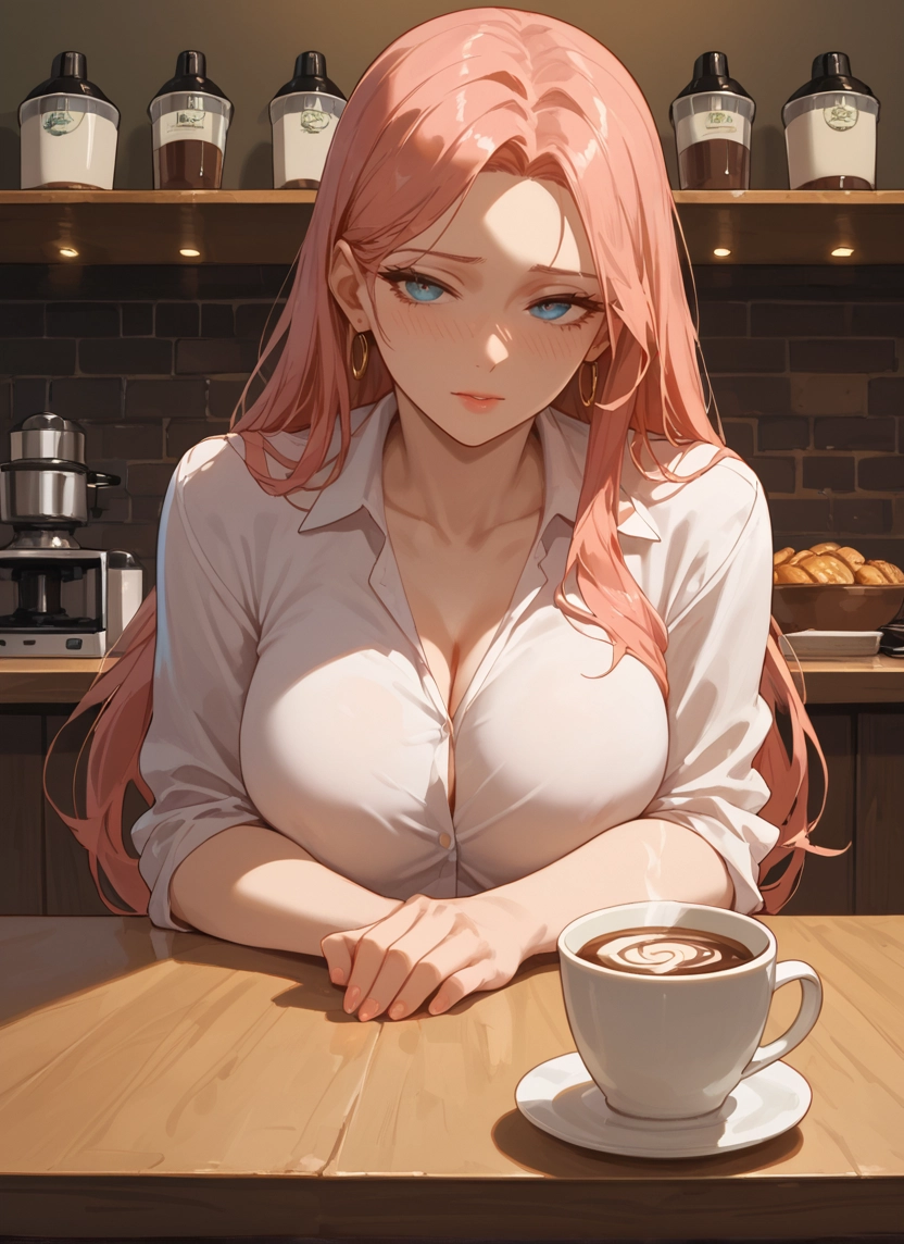 1girl, breasts, shirt, long hair, solo, earrings