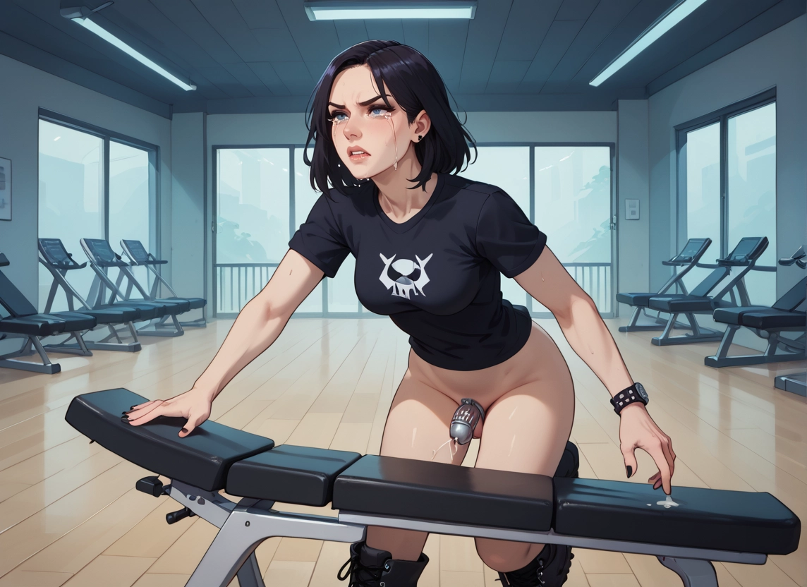 futanari, 1girl, black hair, tears, solo, shirt · Yamete.gg