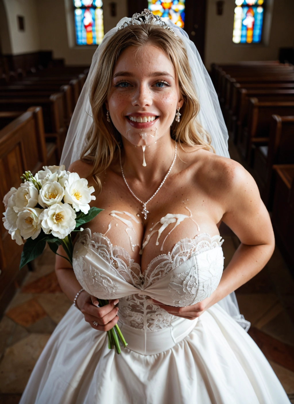 1girl, breasts, dress, flower, wedding dress, cum · Yamete.gg