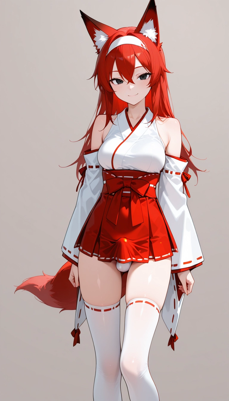 futanari, solo, thighhighs, red hair, detached sleeves, japanese clothes