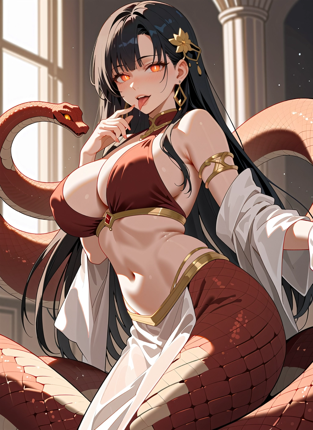 breasts, 1girl, large breasts, long hair, tongue, navel · Yamete.gg