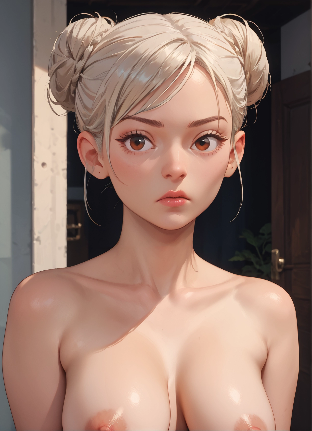 1girl, nipples, breasts, solo, double bun, looking at viewer · Yamete.gg
