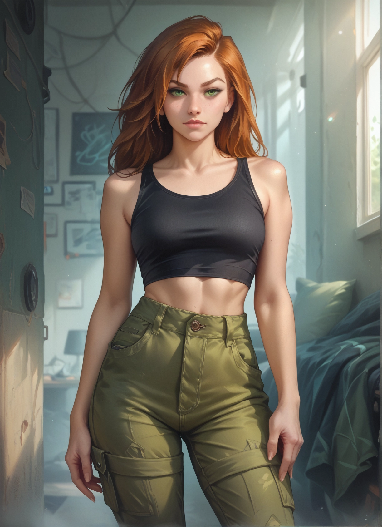 1girl, solo, green eyes, pants, looking at viewer, breasts