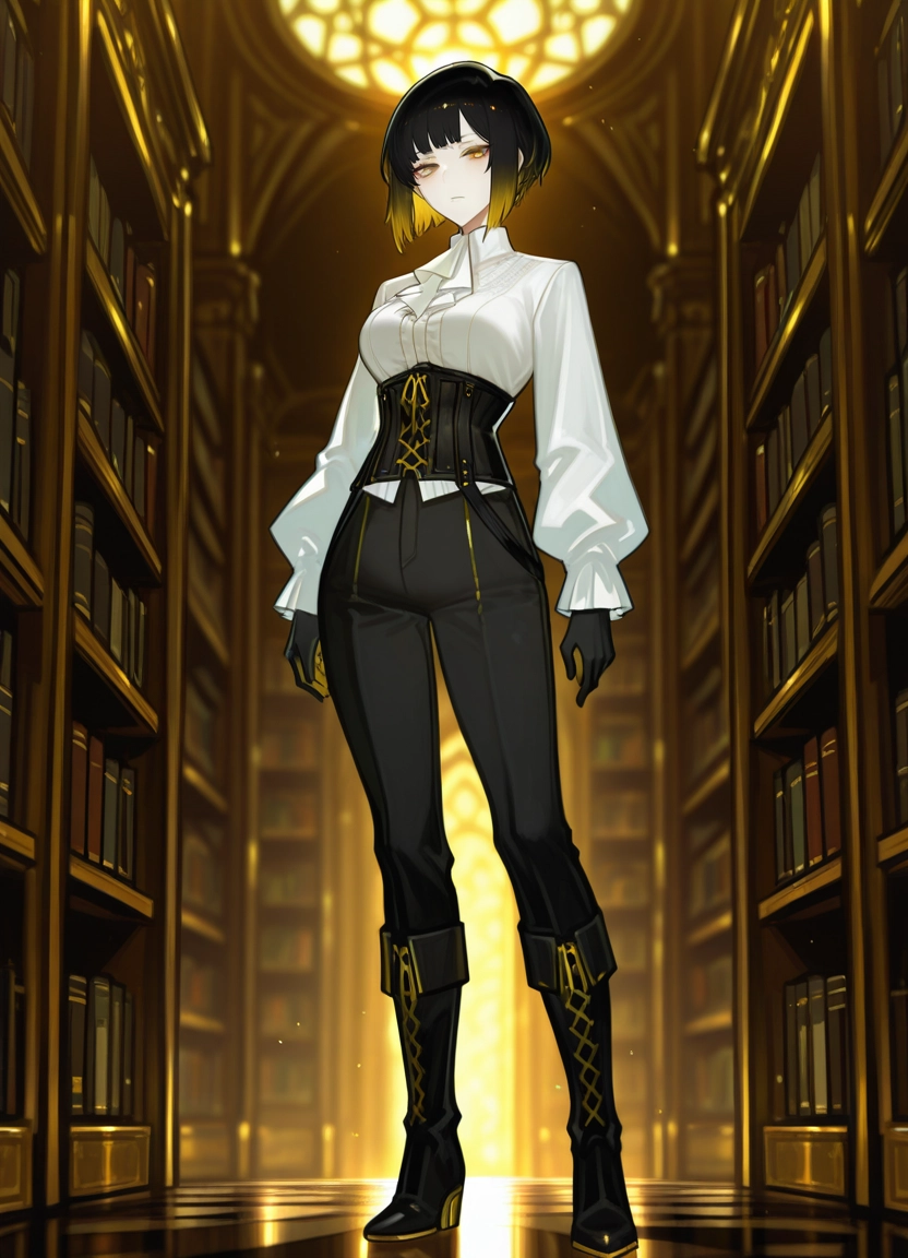 1girl, solo, shirt, multicolored hair, black hair, boots