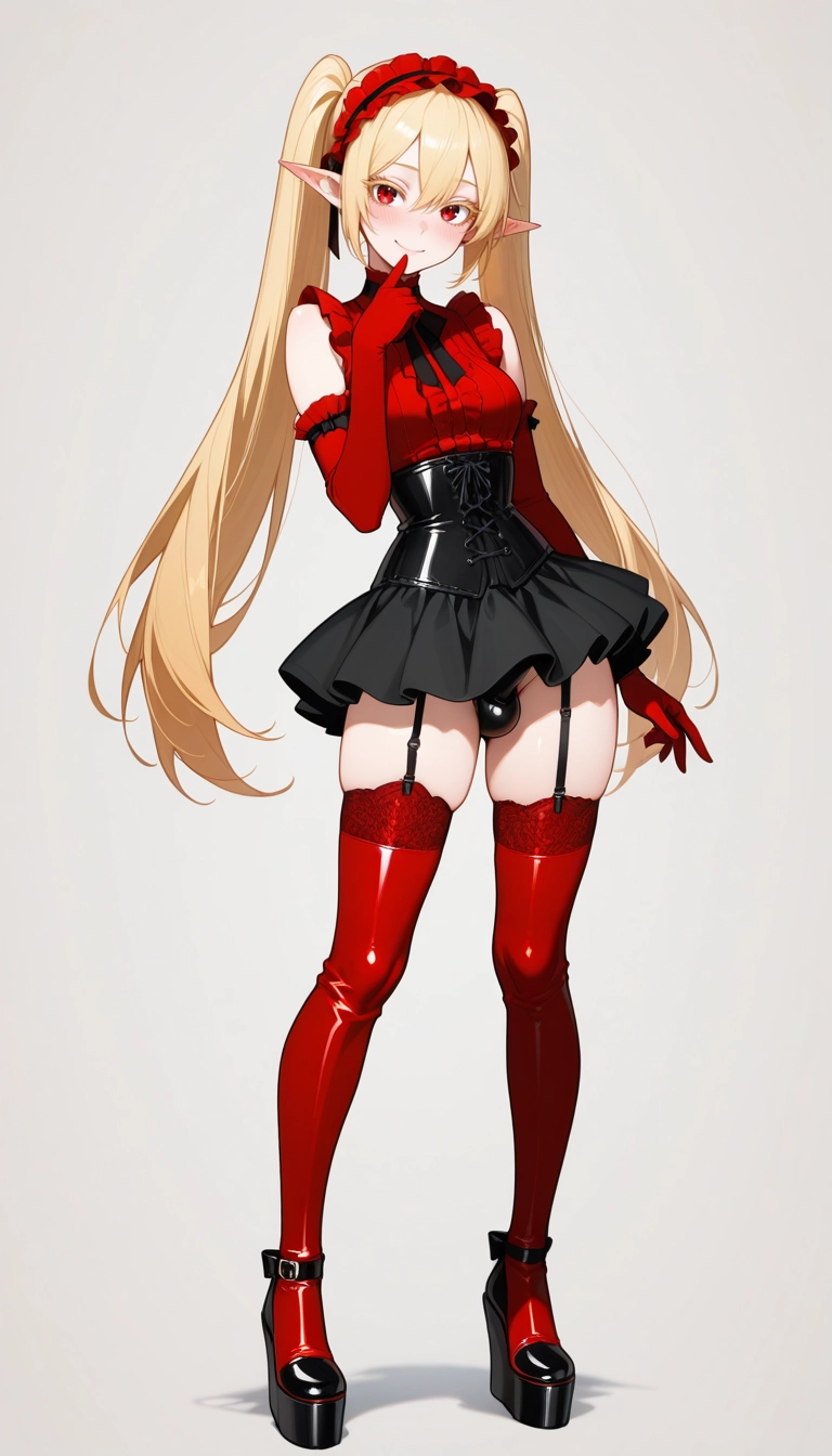 1girl, red gloves, gloves, solo, pointy ears, elbow gloves