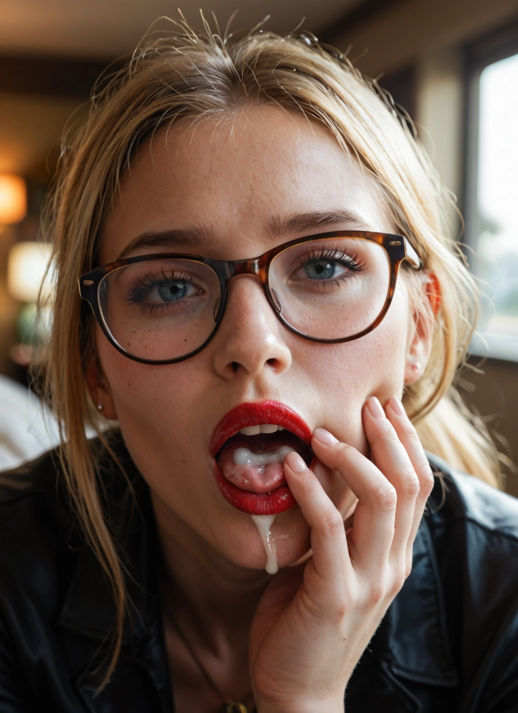 1girl, solo, glasses, cum, cum in mouth, jewelry · Yamete.gg