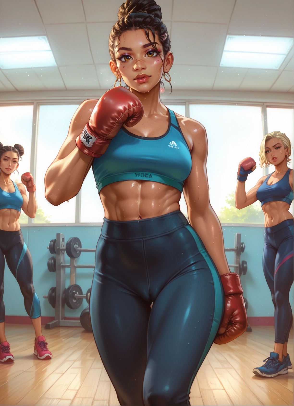 multiple girls, boxing gloves, breasts, abs, sweat, blonde hair · Yamete.gg