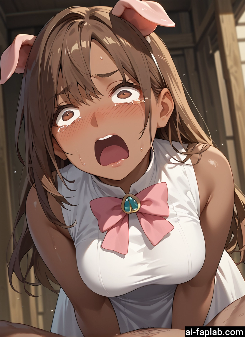 1girl, animal ears, open mouth, long hair, brown hair, breasts