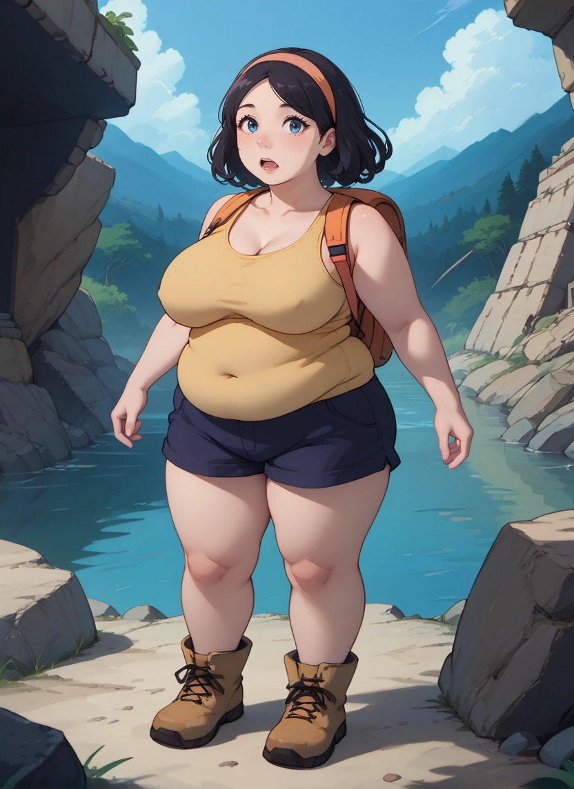 1girl, breasts, backpack, solo, blue eyes, plump