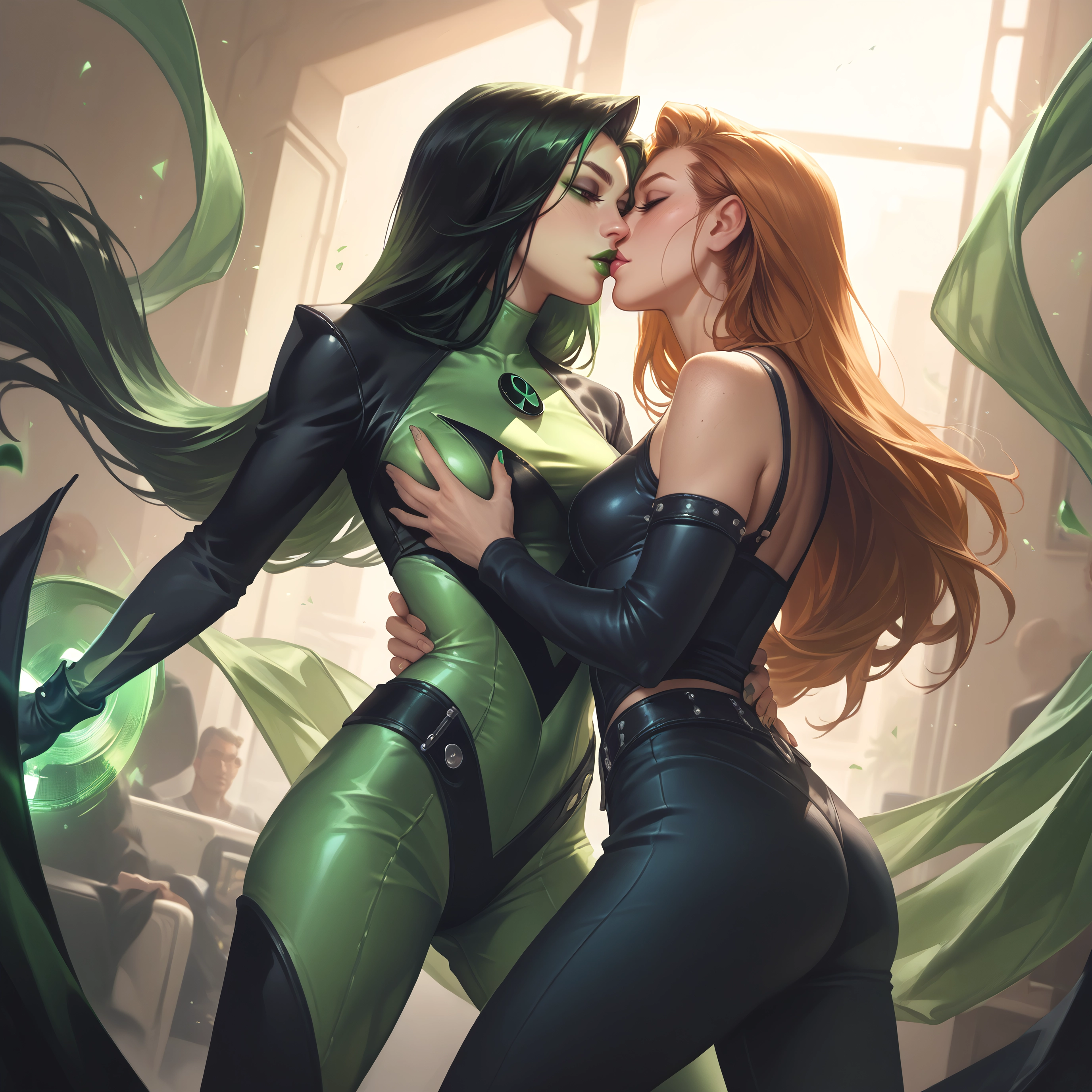 multiple girls, 2girls, yuri, kiss, long hair, breasts · Yamete.gg