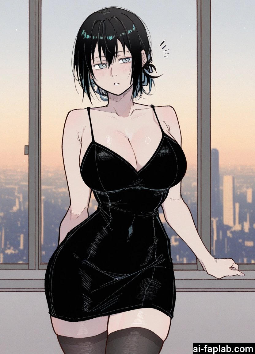 1girl, breasts, thighhighs, dress, black hair, cleavage