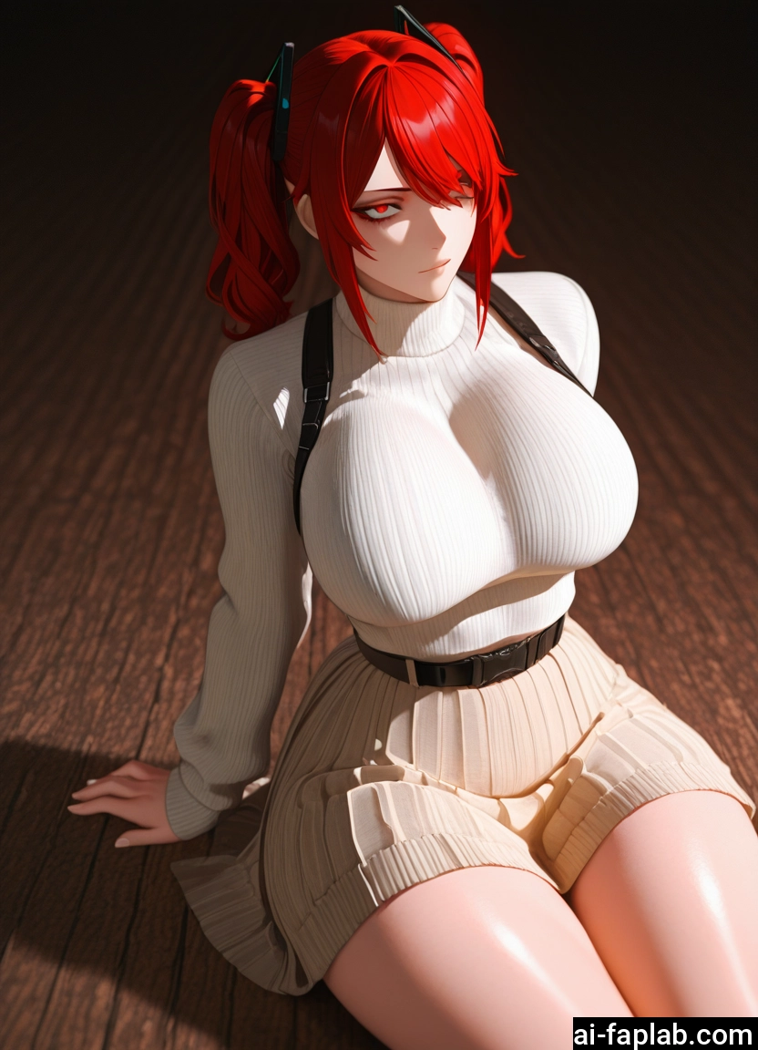 1girl, breasts, red hair, twintails, sweater, sitting · Yamete.gg