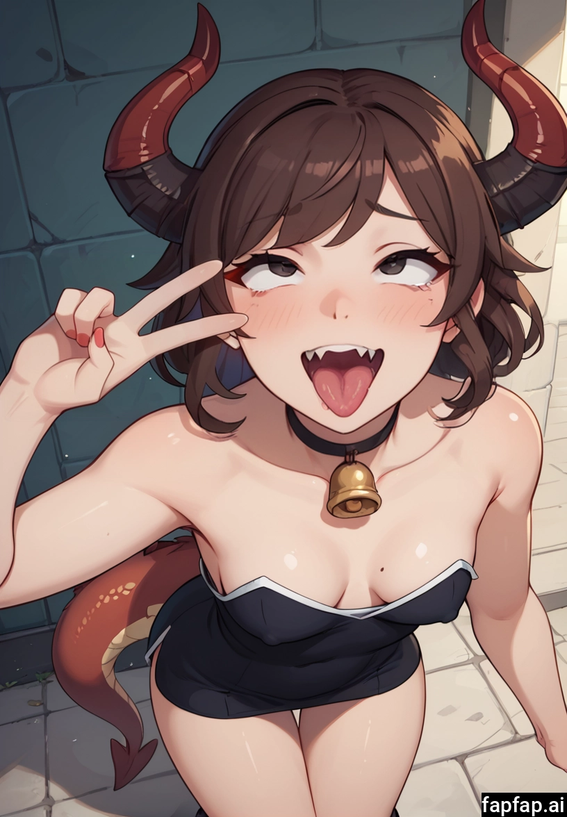 1girl, breasts, strapless, horns, solo, strapless dress · Yamete.gg