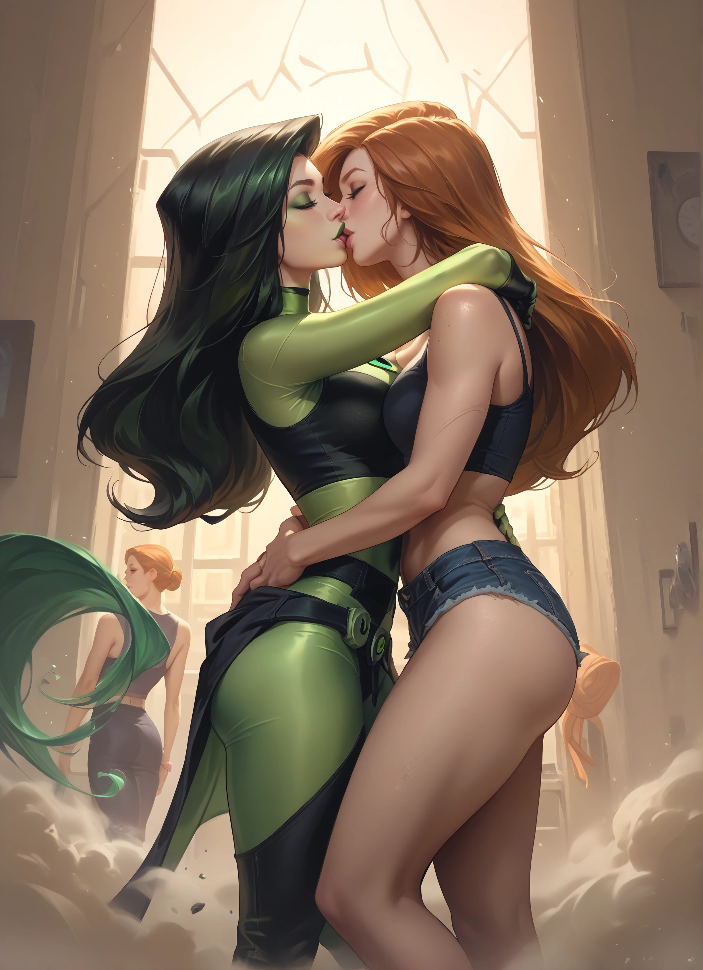 multiple girls, kiss, yuri, breasts, long hair, closed eyes · Yamete.gg