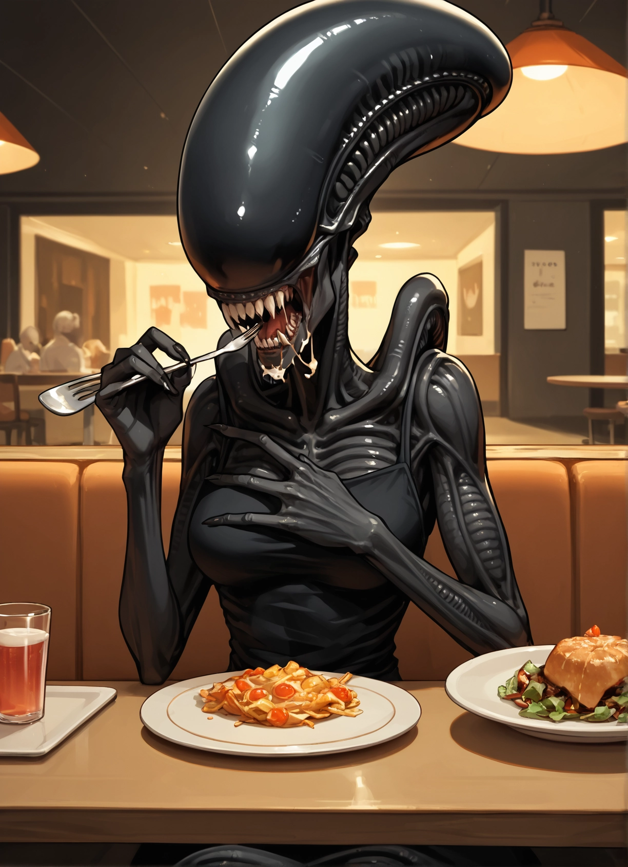food, 1girl, teeth, indoors, cup, fork · Yamete.gg