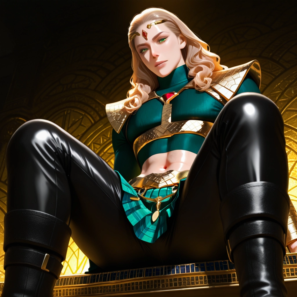 1girl, solo, blonde hair, boots, sitting, green eyes · Yamete.gg