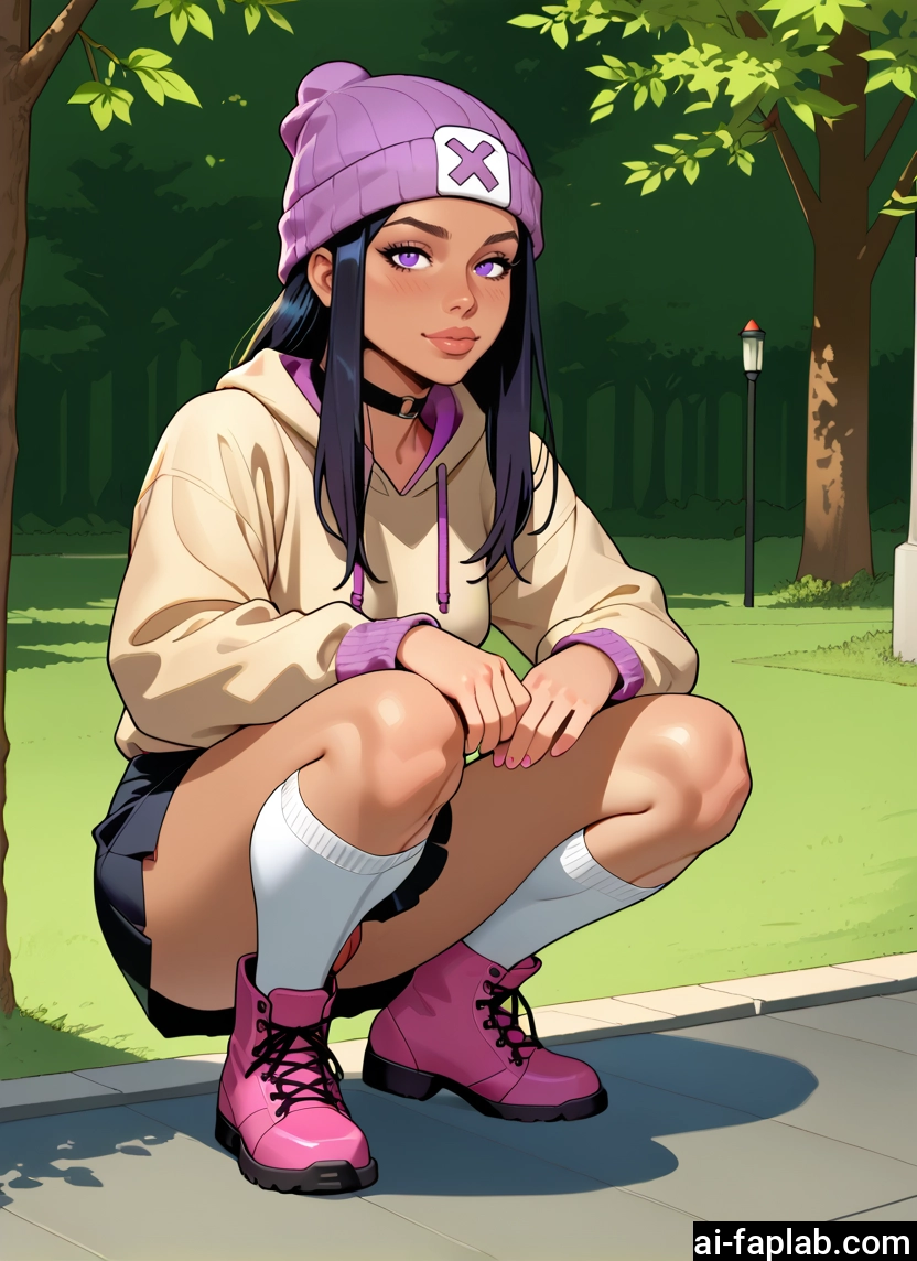 1girl, hat, solo, skirt, squatting, hood · Yamete.gg