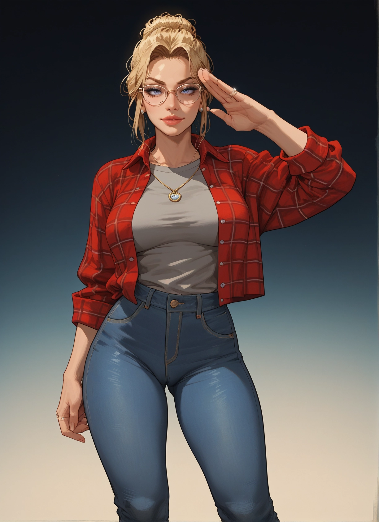 1girl, blonde hair, jewelry, pants, blue eyes, glasses · Yamete.gg