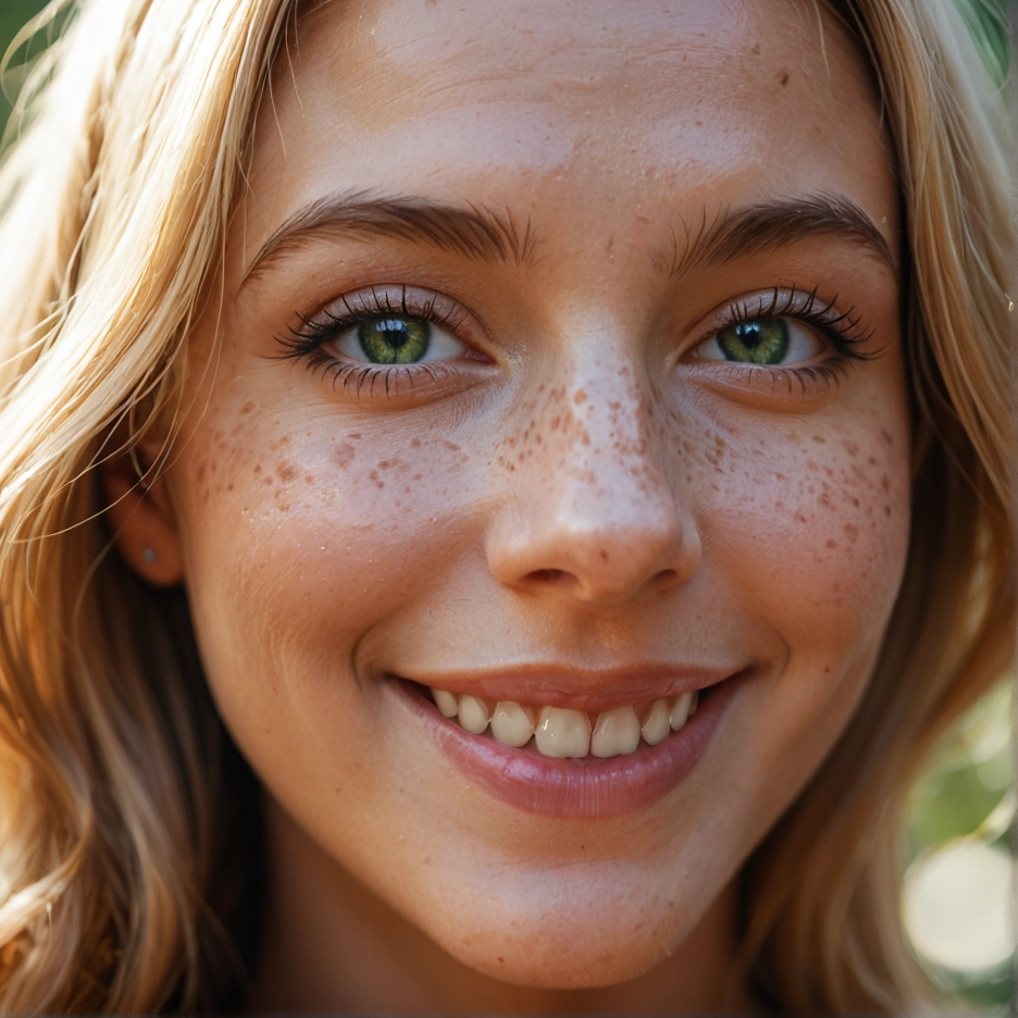 1girl, solo, freckles, blonde hair, smile, teeth · Yamete.gg