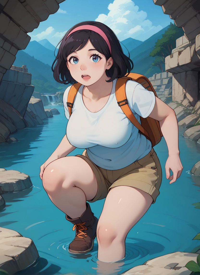 1girl, breasts, backpack, solo, blue eyes, shorts
