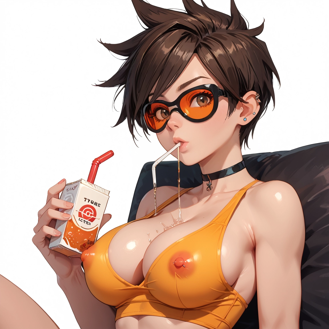 breasts, 1girl, solo, brown hair, choker, short hair · Yamete.gg