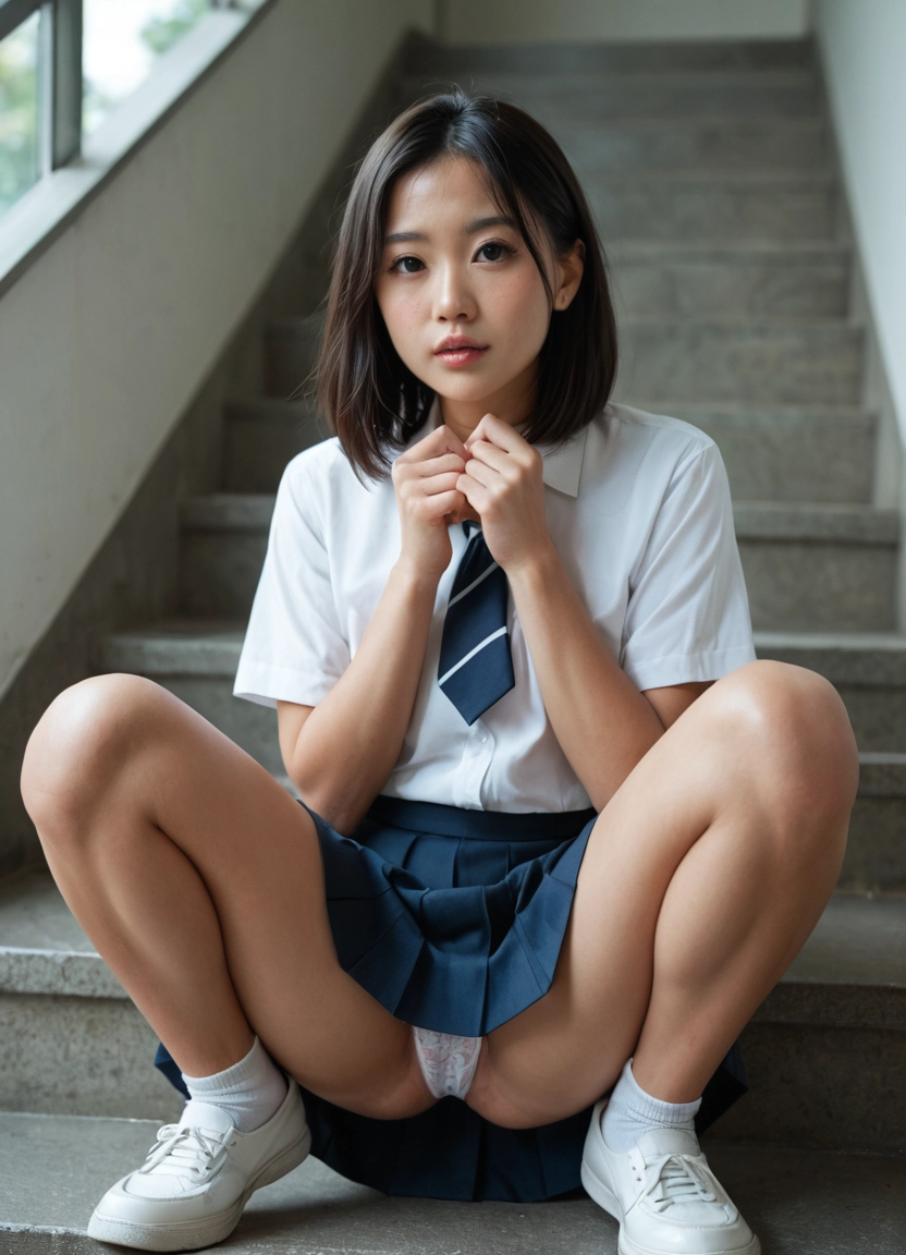 1girl, solo, underwear, panties, school uniform, skirt · Yamete.gg