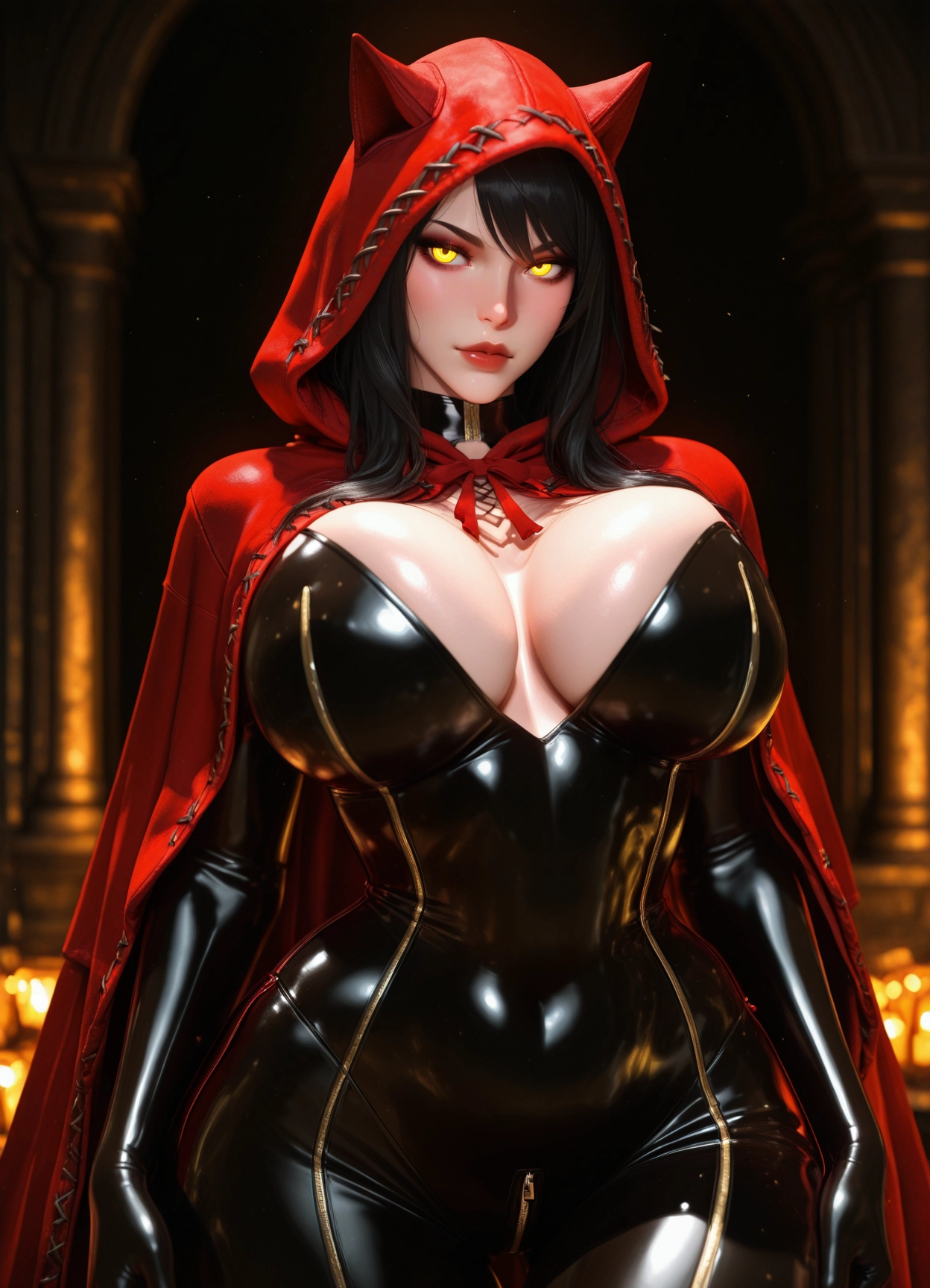1girl, breasts, yellow eyes, hood, black hair, bodysuit · Yamete.gg