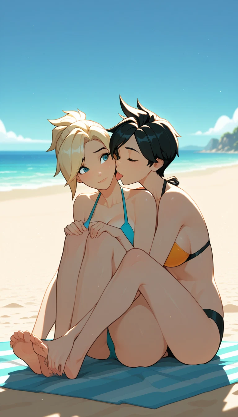 2girls, multiple girls, swimsuit, outdoors, mercy (overwatch), bikini