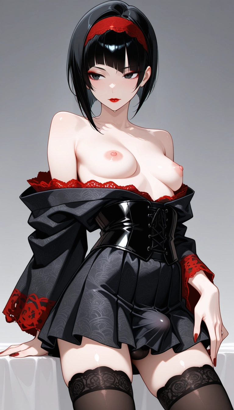 solo, nipples, thighhighs, red nails, bulge, black hair