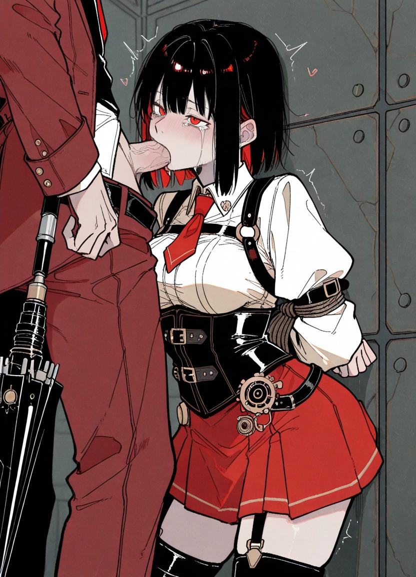 1girl, 1boy, skirt, hetero, penis, bound