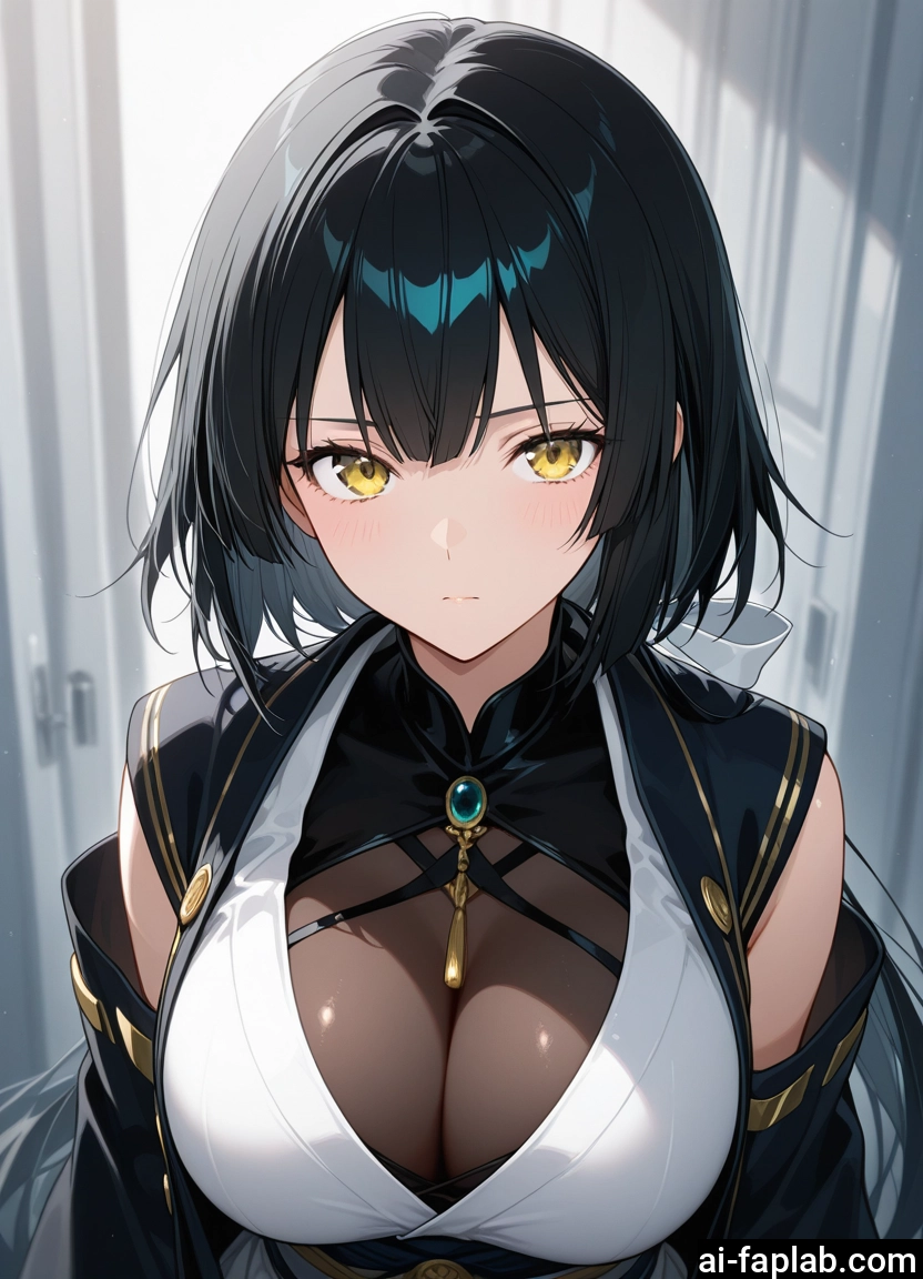 1girl, breasts, yellow eyes, black hair, large breasts, solo