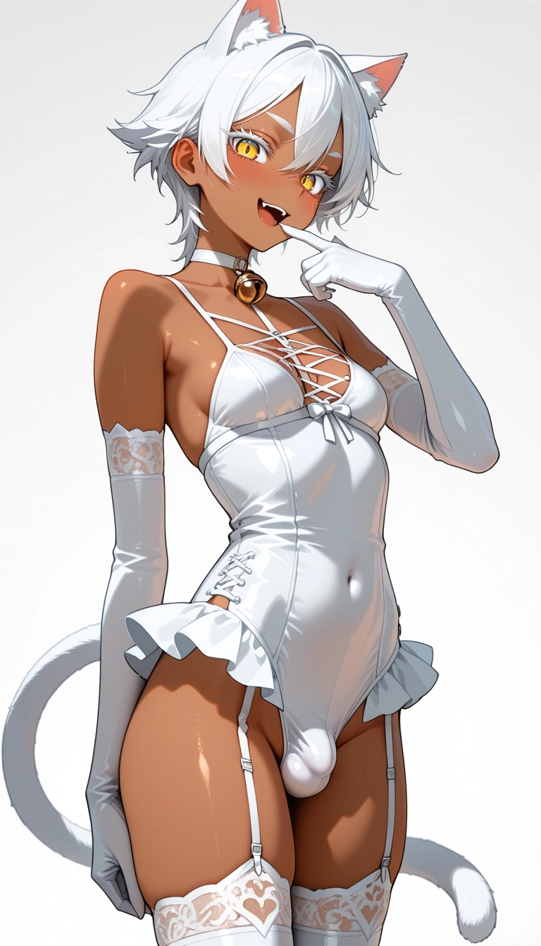 dark skin, solo, gloves, garter straps, thighhighs, white gloves · Yamete.gg