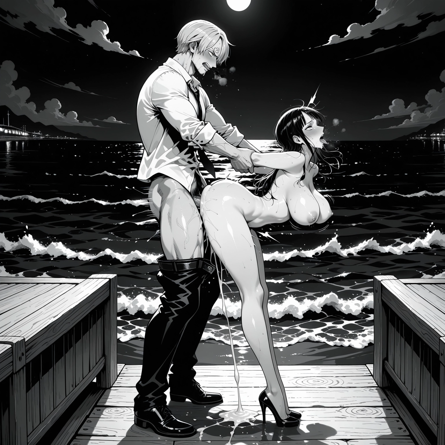 1girl, hetero, 1boy, breasts, monochrome, nipples · Yamete.gg