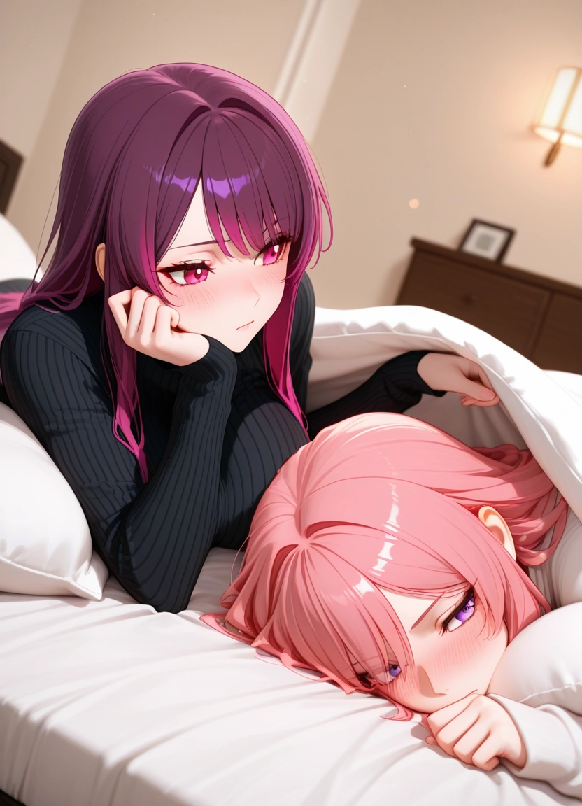 multiple girls, 2girls, blush, sweater, pink hair, purple eyes