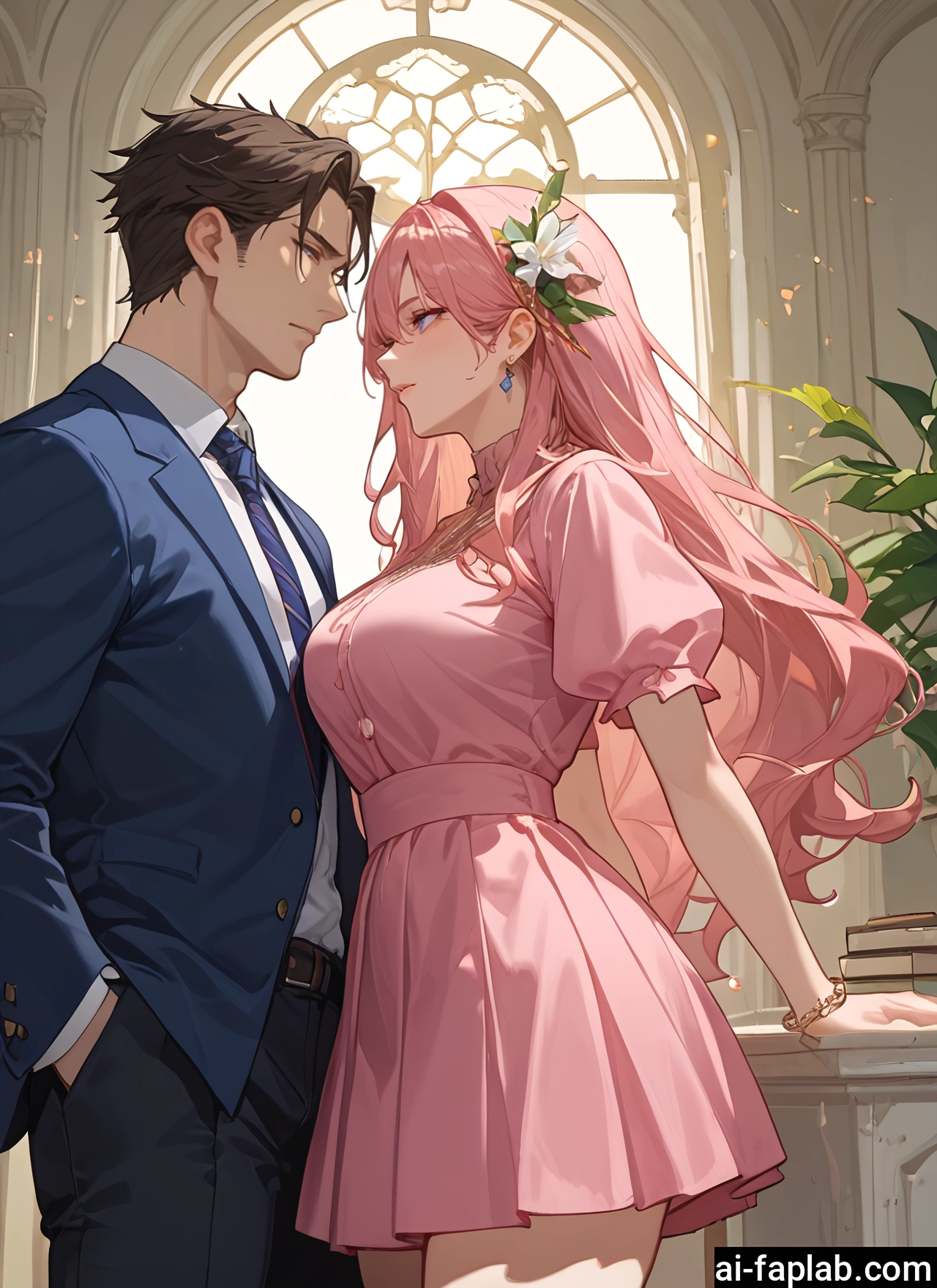 1girl, 1boy, pink hair, long hair, hair ornament, jewelry · Yamete.gg