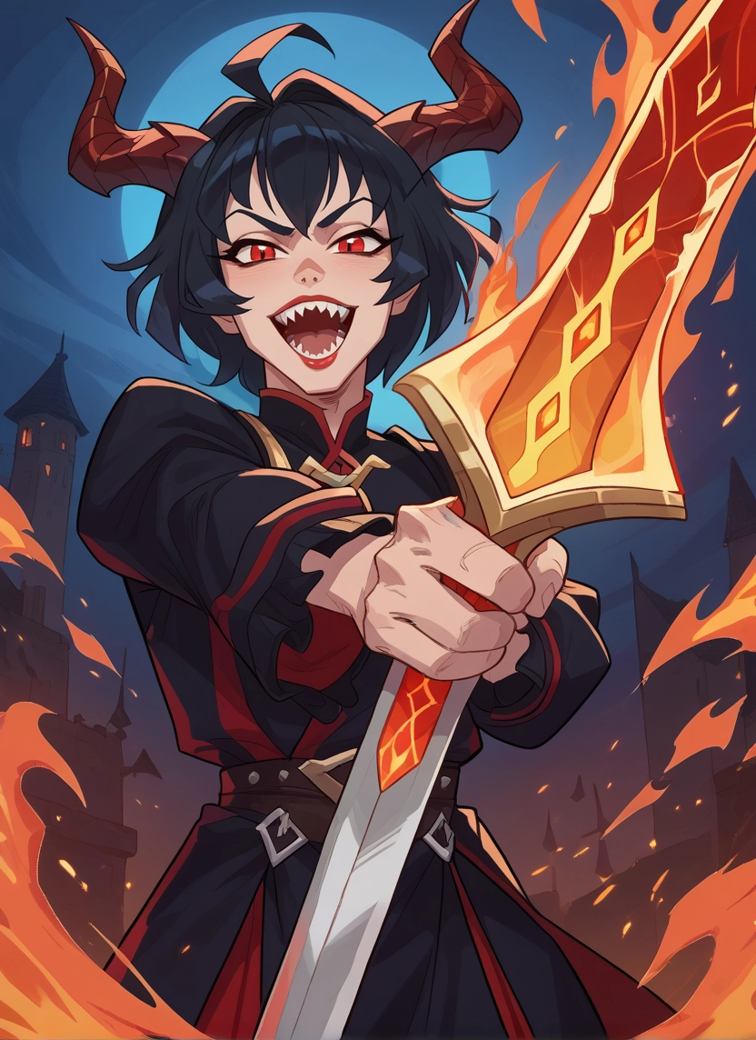 weapon, horns, sword, red eyes, teeth, solo · Yamete.gg