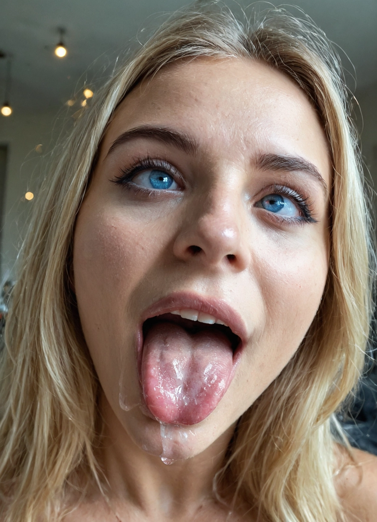 1girl, tongue, solo, blue eyes, realistic, blonde hair · Yamete.gg