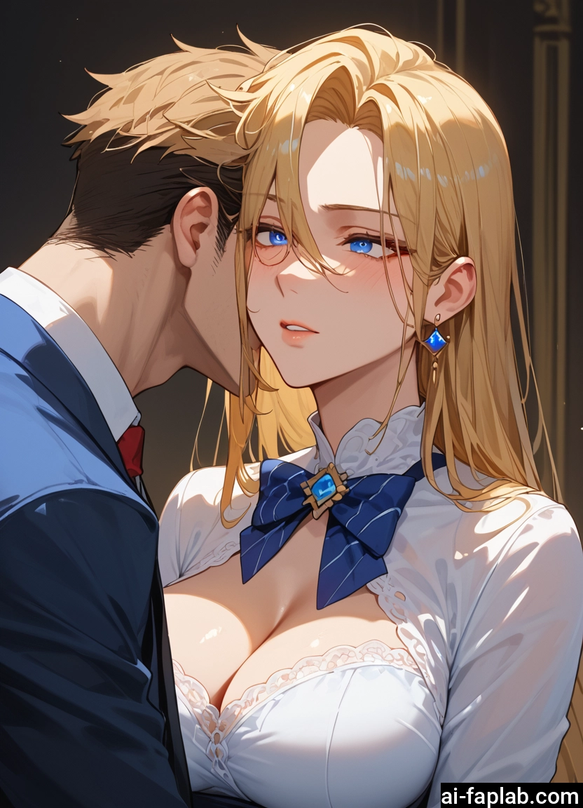 1girl, breasts, 1boy, blue eyes, jewelry, blonde hair