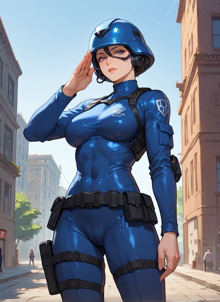 blue eyes, helmet, breasts, bodysuit, 1girl, salute · Yamete.gg