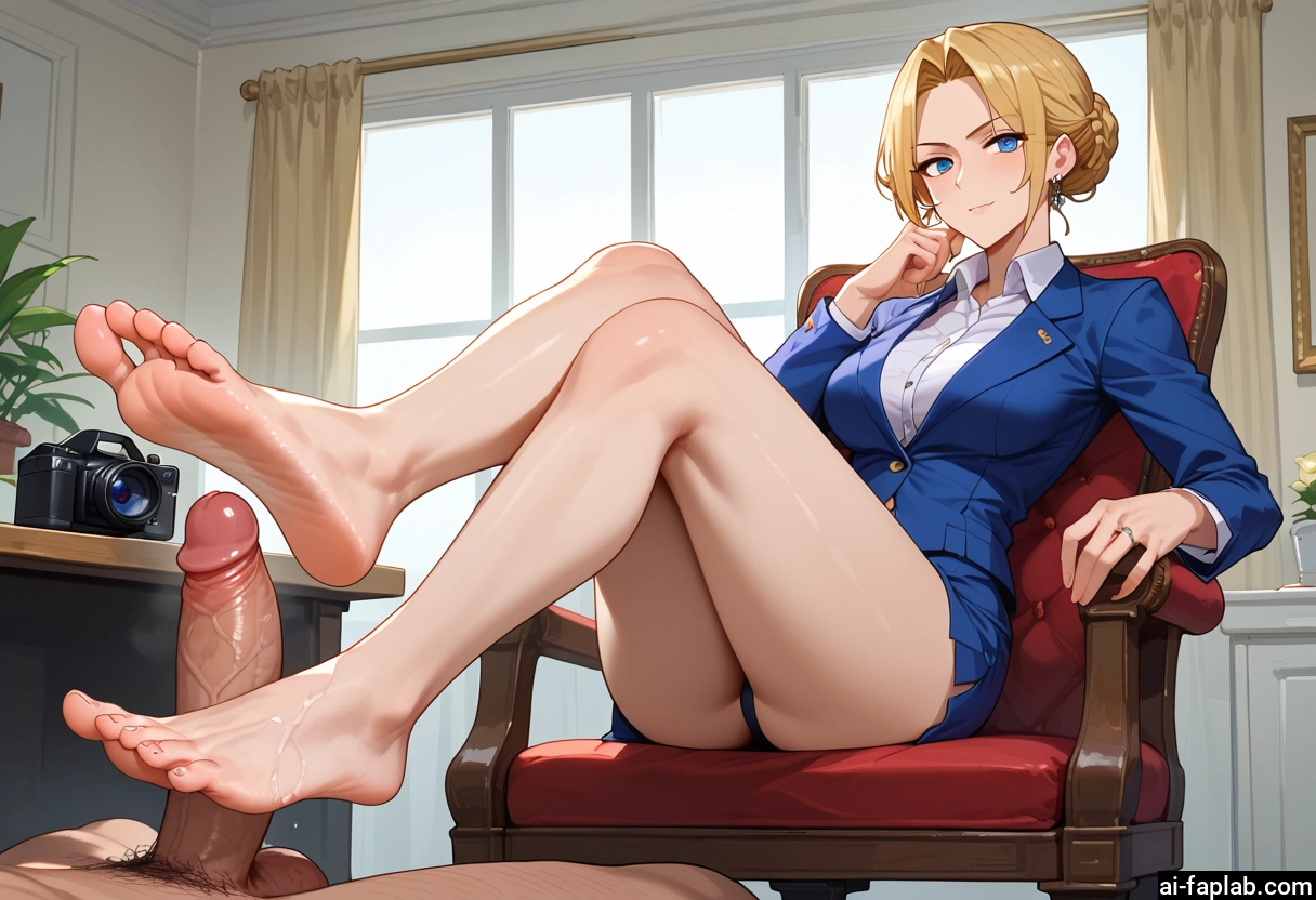 1girl, penis, feet, 1boy, blue eyes, barefoot