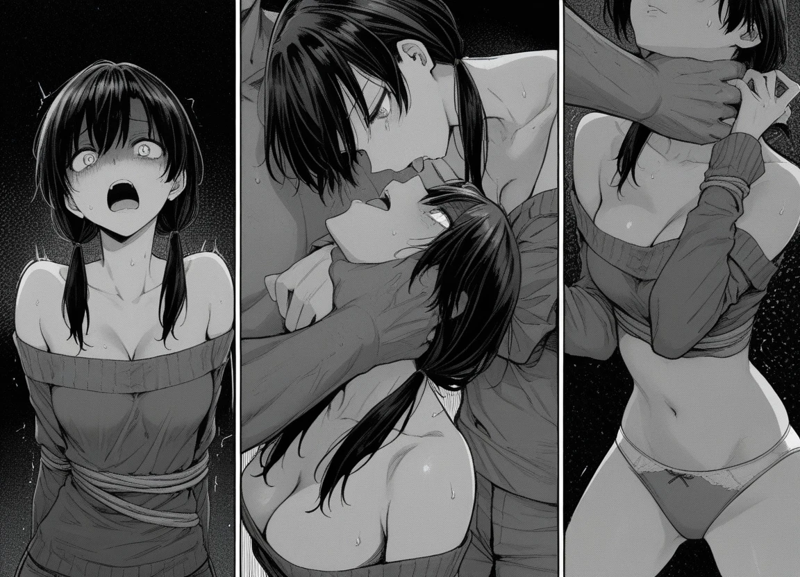 1girl, breasts, underwear, monochrome, 1boy, cleavage