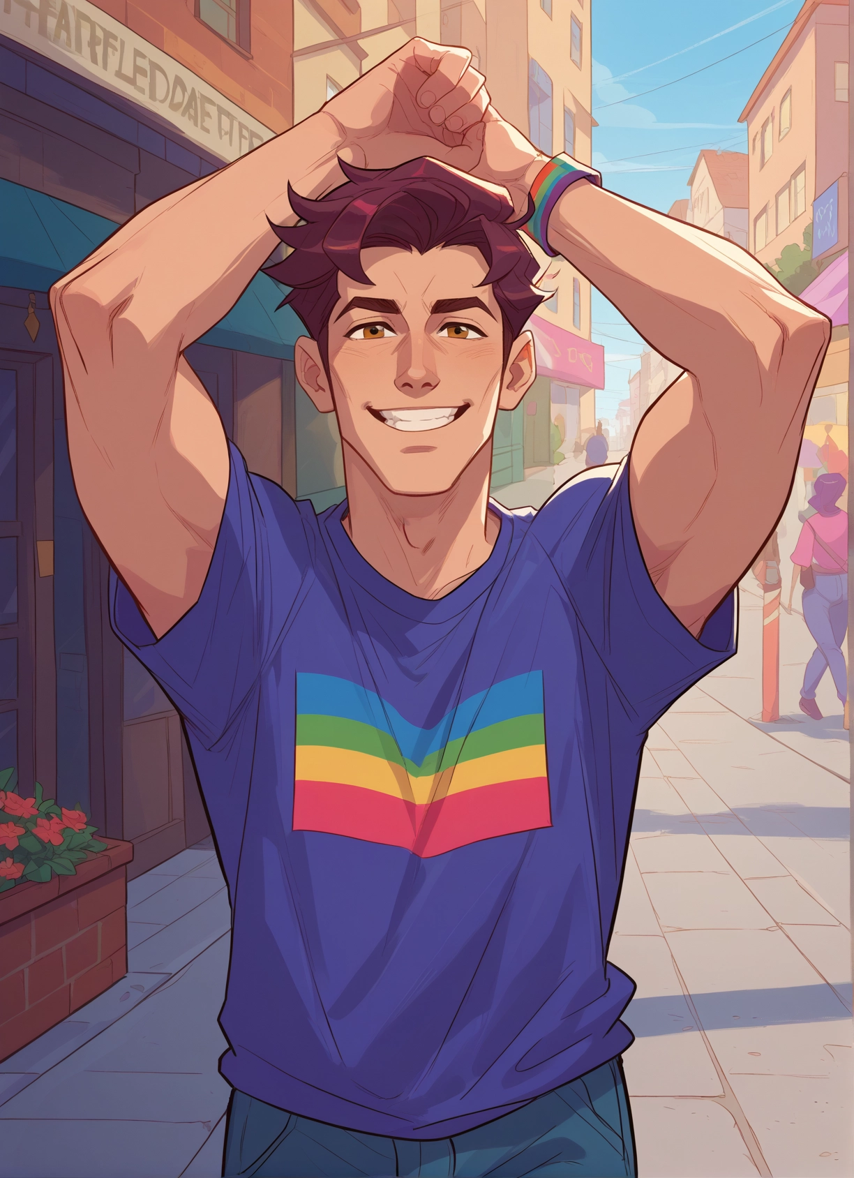 bara, smile, shirt, male focus, outdoors, arms up · Yamete.gg