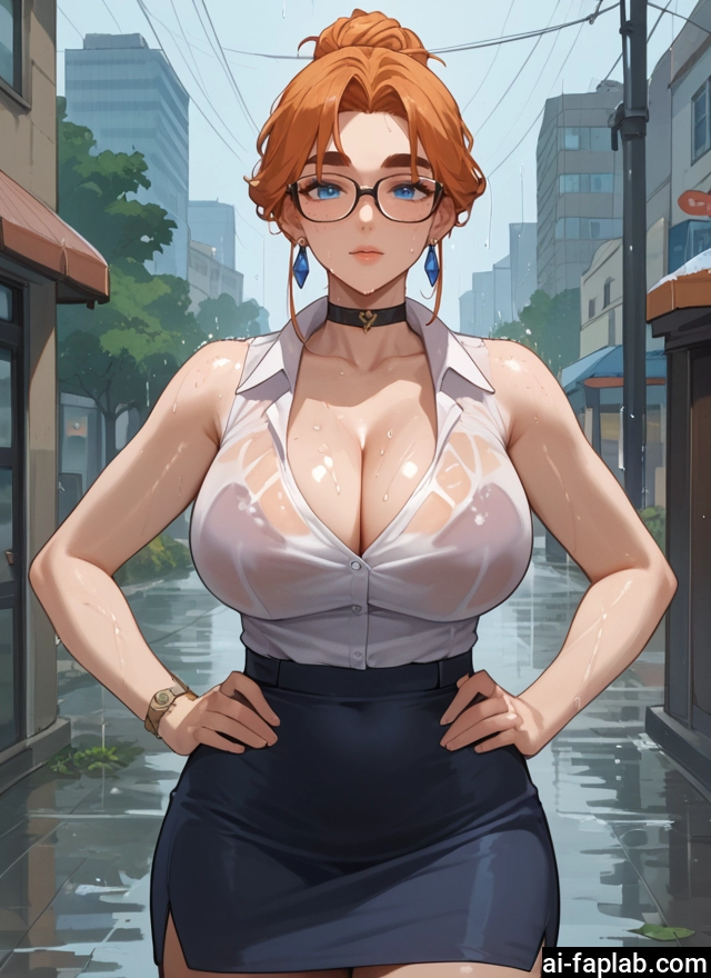 1girl, breasts, skirt, blue eyes, choker, glasses · Yamete.gg