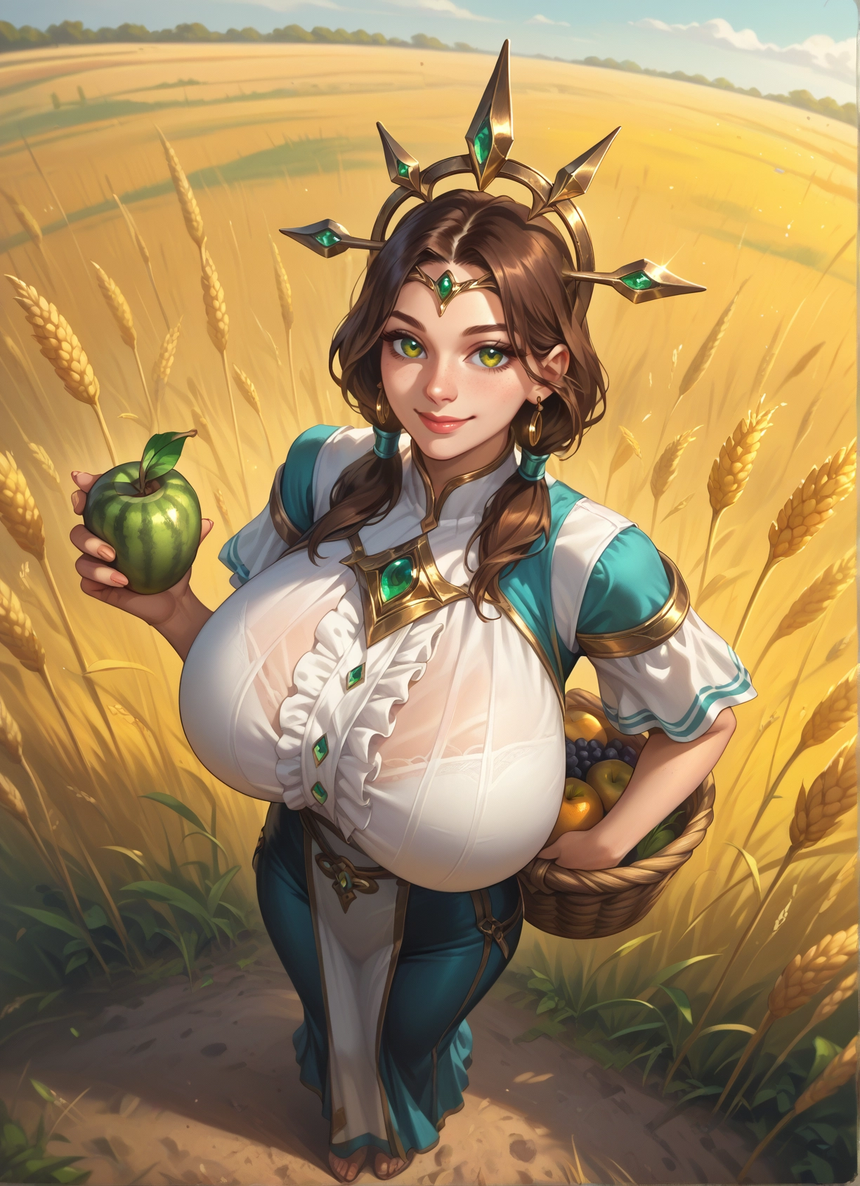 1girl, breasts, food, solo, fruit, basket · Yamete.gg