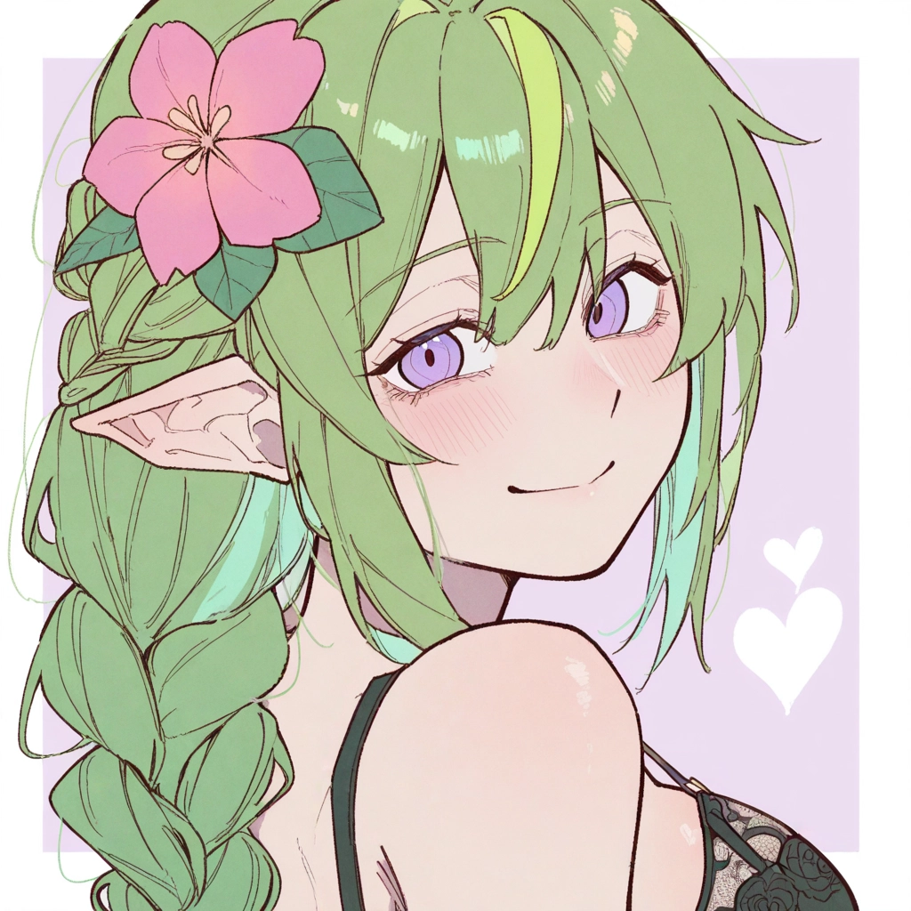 1girl, pointy ears, flower, green hair, hair ornament, solo · Yamete.gg