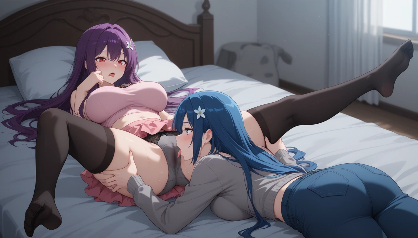 indoors, thighhighs, skirt, lying, 2girls, purple hair · Yamete.gg