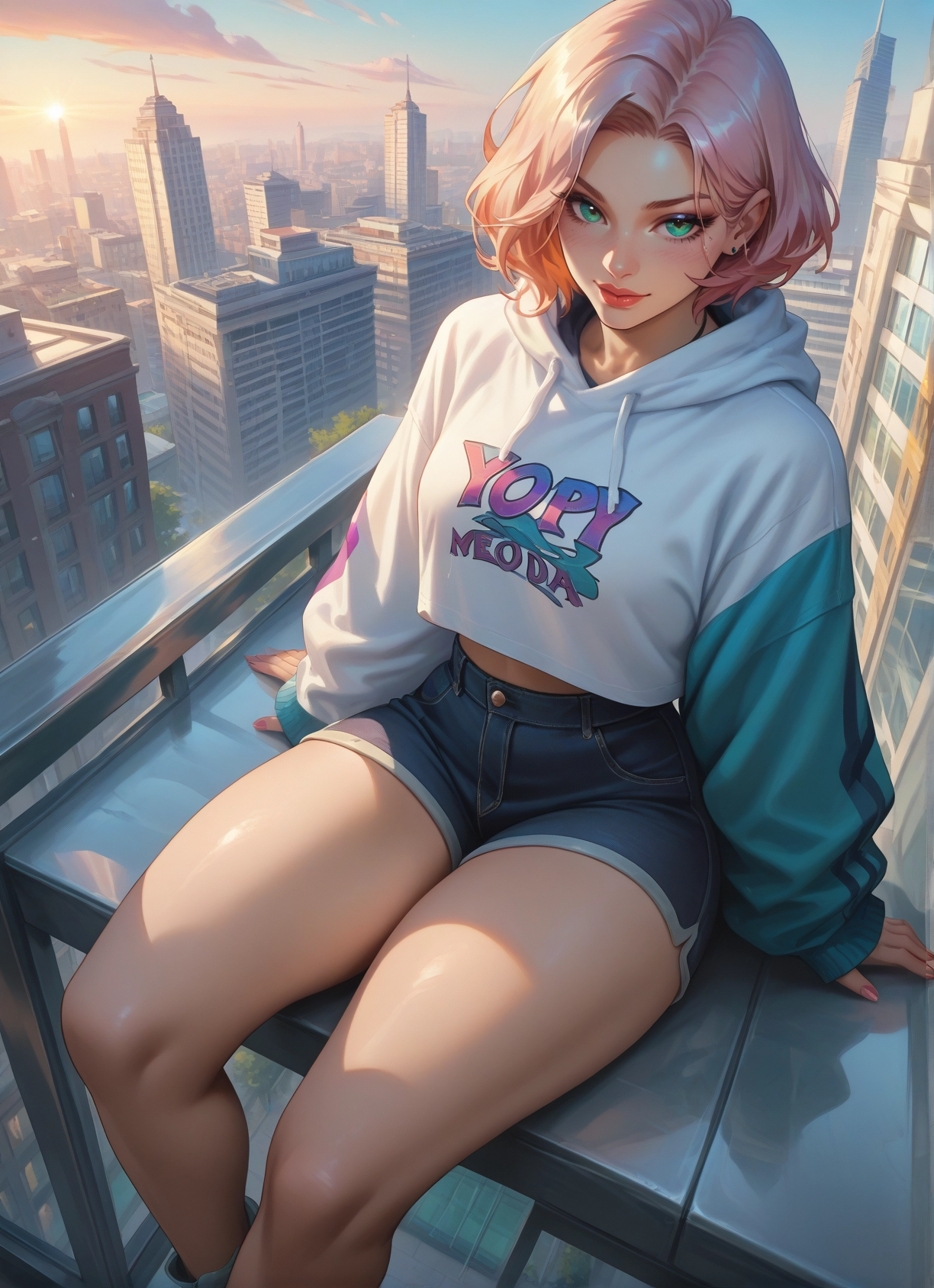 1girl, shorts, hood, sitting, solo, hoodie · Yamete.gg