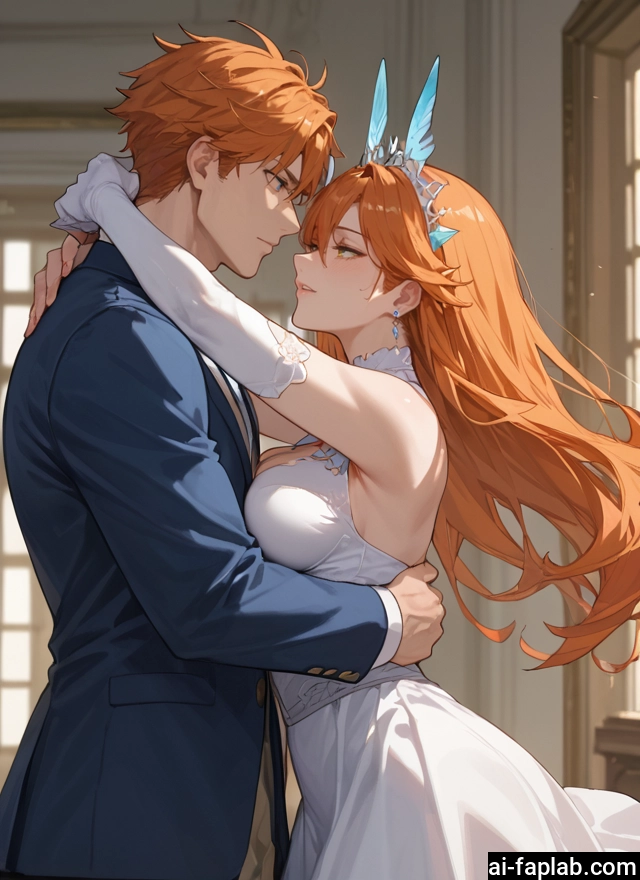 1girl, 1boy, dress, breasts, gloves, white dress