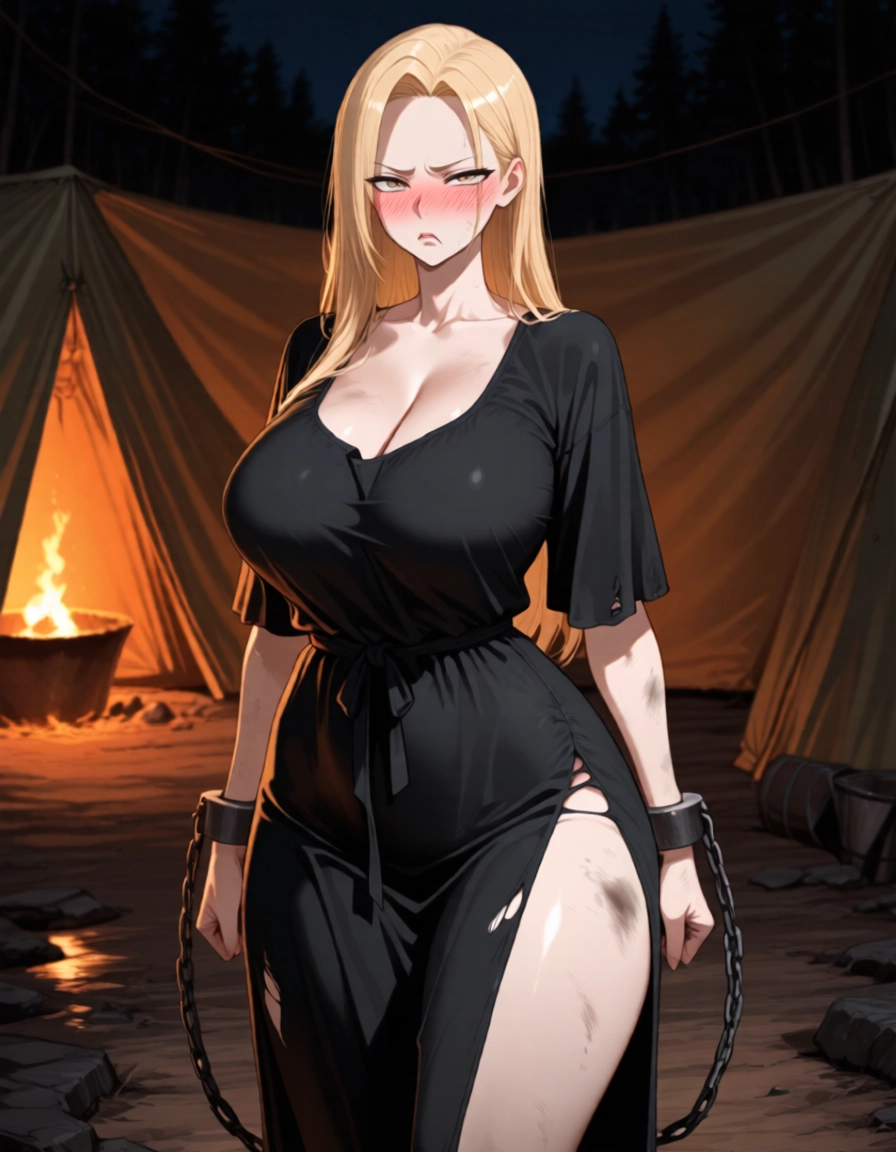 1girl, breasts, blonde hair, dress, black dress, torn clothes · Yamete.gg