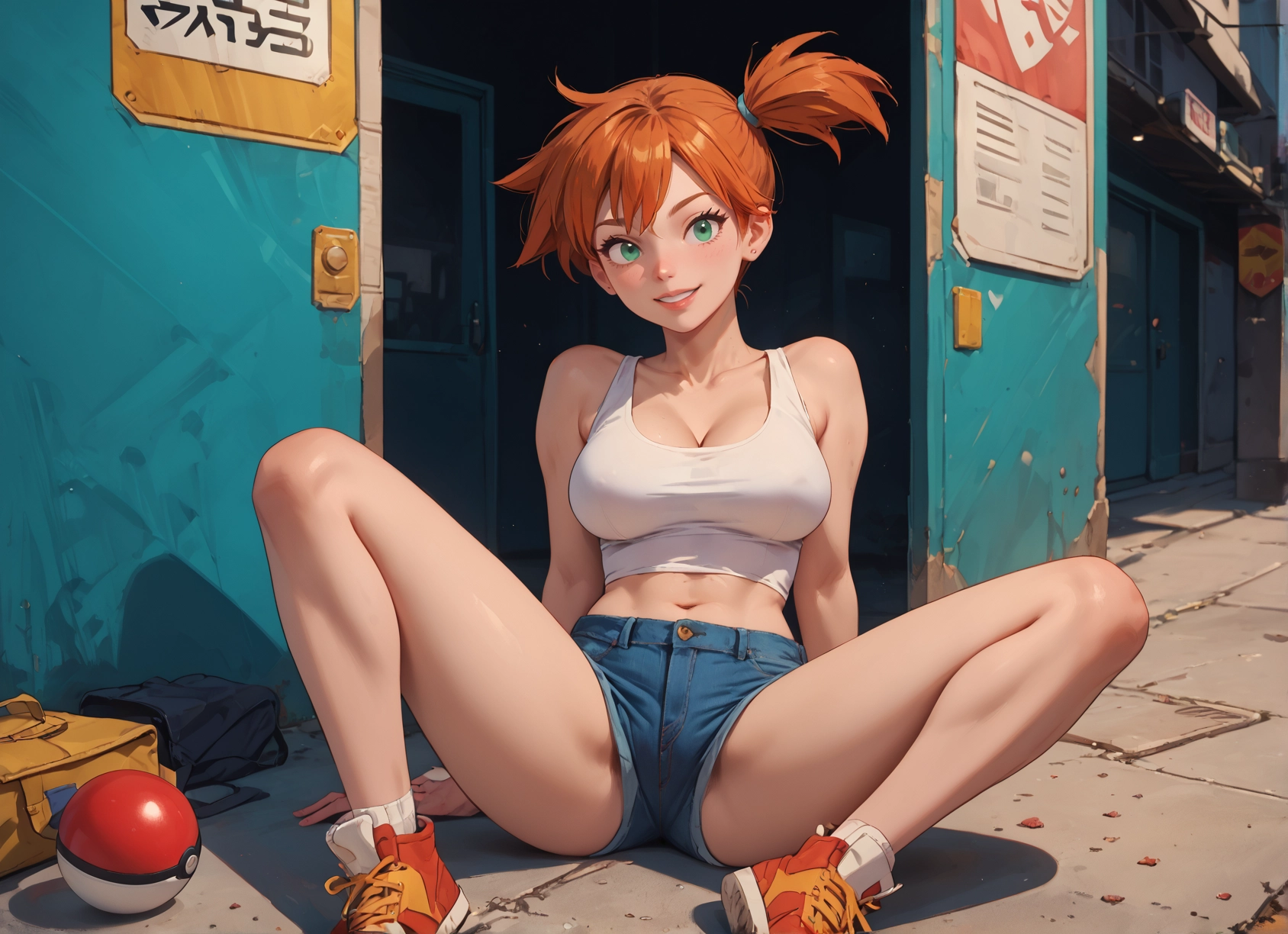 1girl, breasts, shorts, orange hair, side ponytail, solo · Yamete.gg